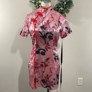 NWT PrettLittleThing Pink Asian Inspired Satin Mini Dress Mandarin Collar 4